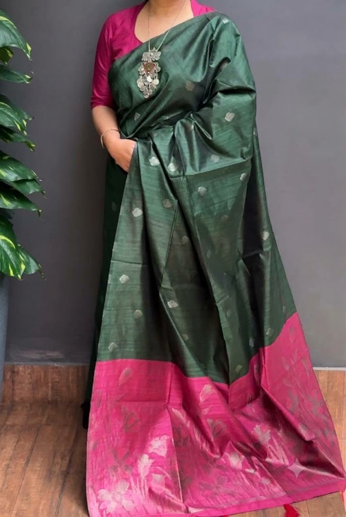 2214SR04 | Bottle Green Soft Semi Silk Saree W/ Full Body Neem Zari Woven Motifs W/ Contrast Pallu