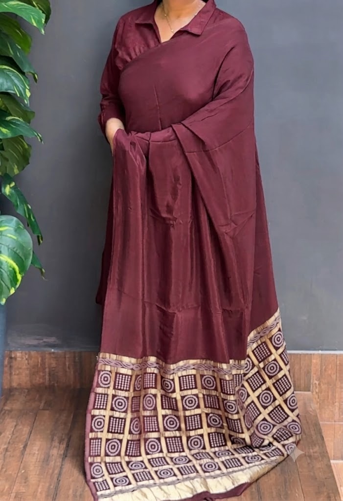 2234SR04 | Coffee Brown Semi Crepe Silk Saree W/ Bandhej Woven Pallu