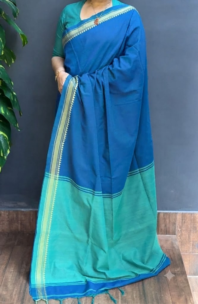 2194SR04 | Royal Blue Khadi Cotton Saree W/ Full Body Temple Woven Border & Contrast Pallu