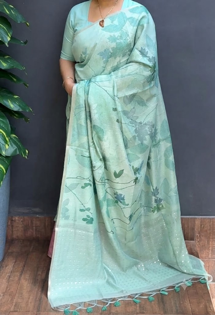 2195SR05 | Aqua Green Linen Blended Tissue Saree W/ Full Body Floral Design-Inner Woven Sequins Pallu