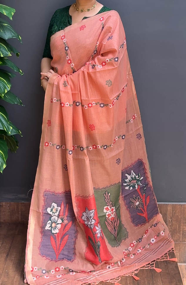 2175SR05 | Pastel Peach Soft Chanderi Saree W/ Full Body Jamdhani Woven Design W/ Border & Pallu