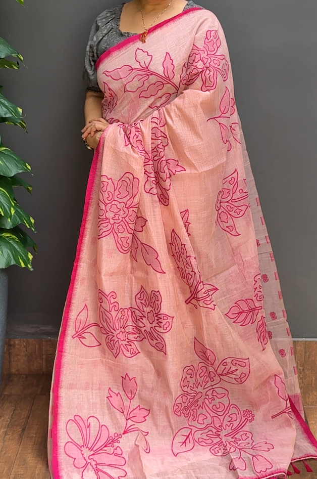 2233SR05 | Pastel Baby Pink Chanderi Cotton Saree W/ Full Body Thread Woven Design W/ Border & Pallu