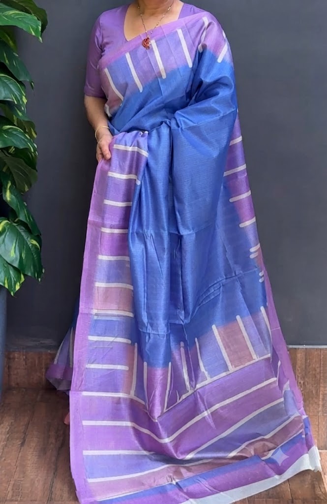 2223SR05 | Blue Synthetic Semi Silk Saree W/ Multicolor Stripe Pattern Border & Pallu