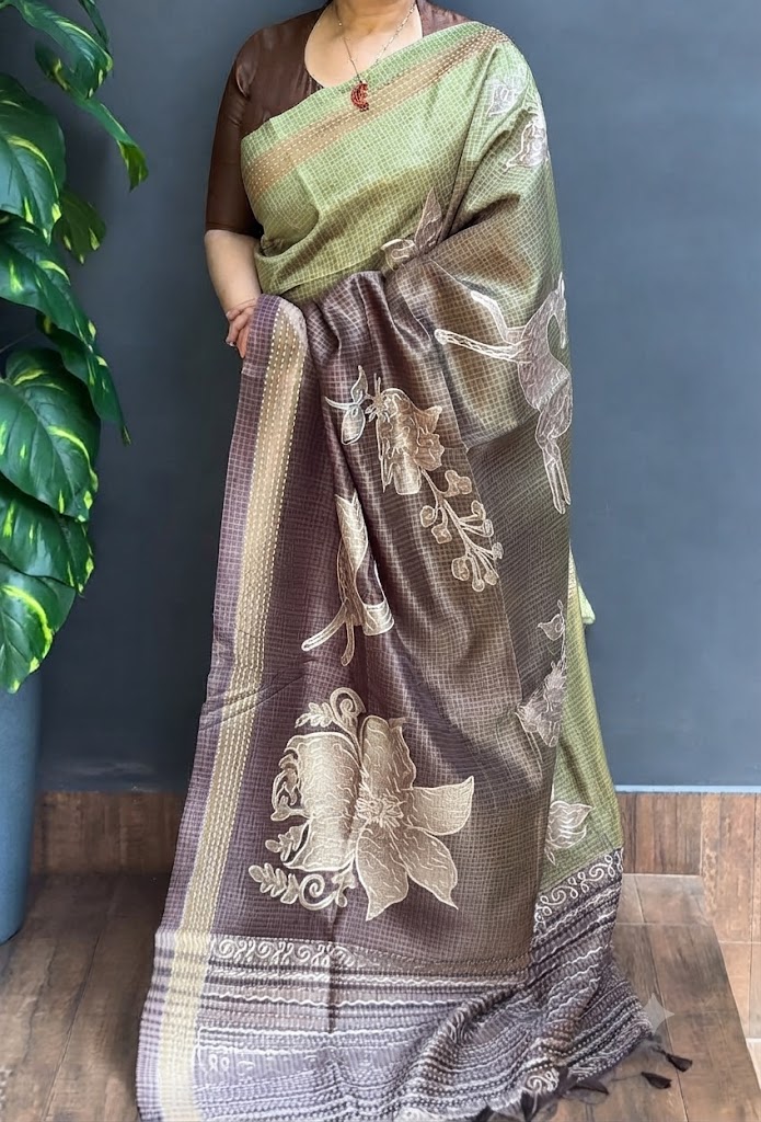 2193SR05 | Multicolor Soft Semi Silk Saree W/ Full Body Aari Work-Kantha Stitch Border & Pallu