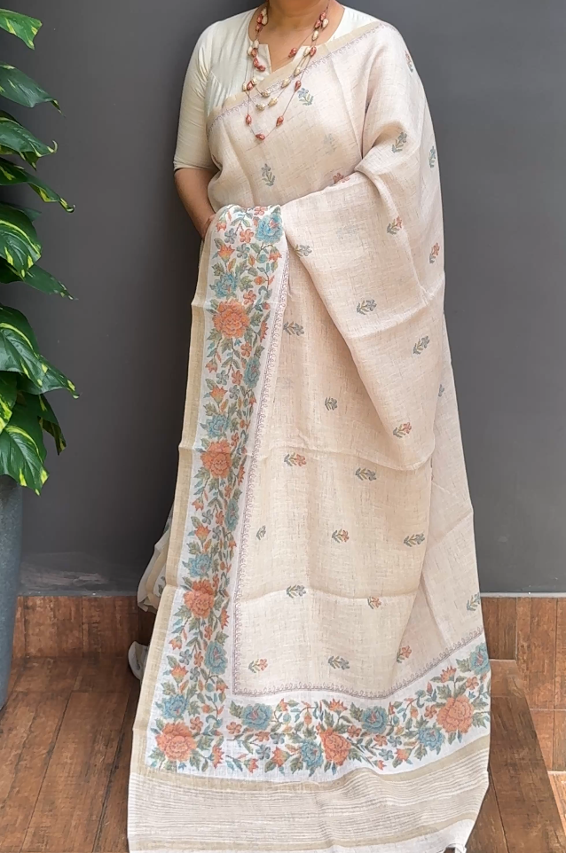 2224SR06 | Pearl Cream Pure Linen Saree W/ Full Body Floral Design W/ Border & Pallu