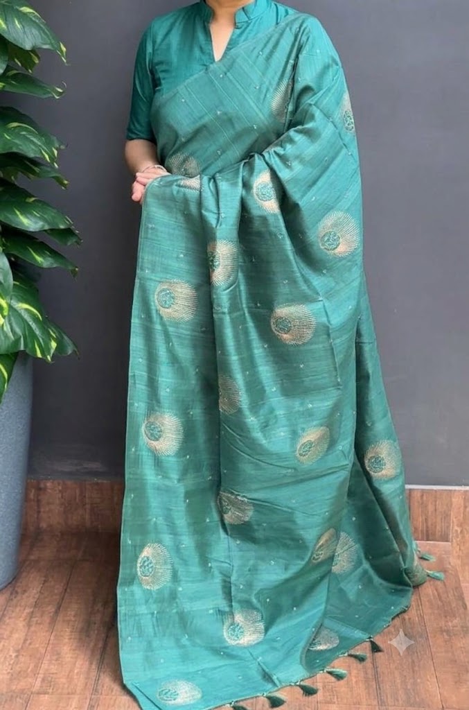 2215SR06 | Rama Green Soft Semi Silk Saree W/ Full Body Copper Zari Work W/ Pallu