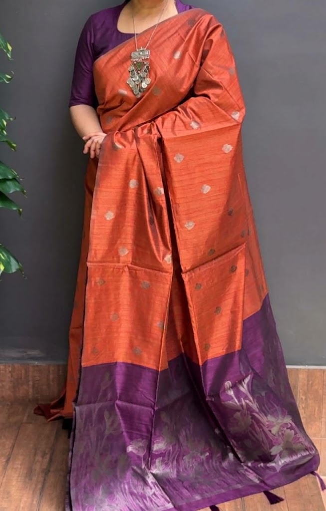 2214SR06 | Rustic Orange Soft Semi Silk Saree W/ Full Body Neem Zari Woven Motifs W/ Contrast Pallu