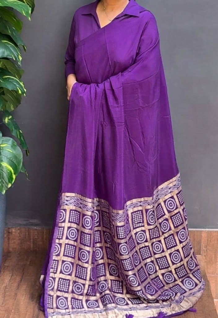 2234SR06 | Violet Semi Crepe Silk Saree W/ Bandhej Woven Pallu
