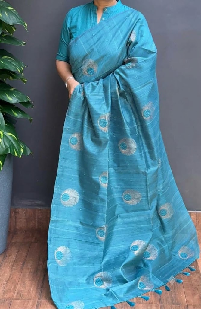 2215SR07 | Kingfisher Blue Soft Semi Silk Saree W/ Full Body Copper Zari Work W/ Pallu