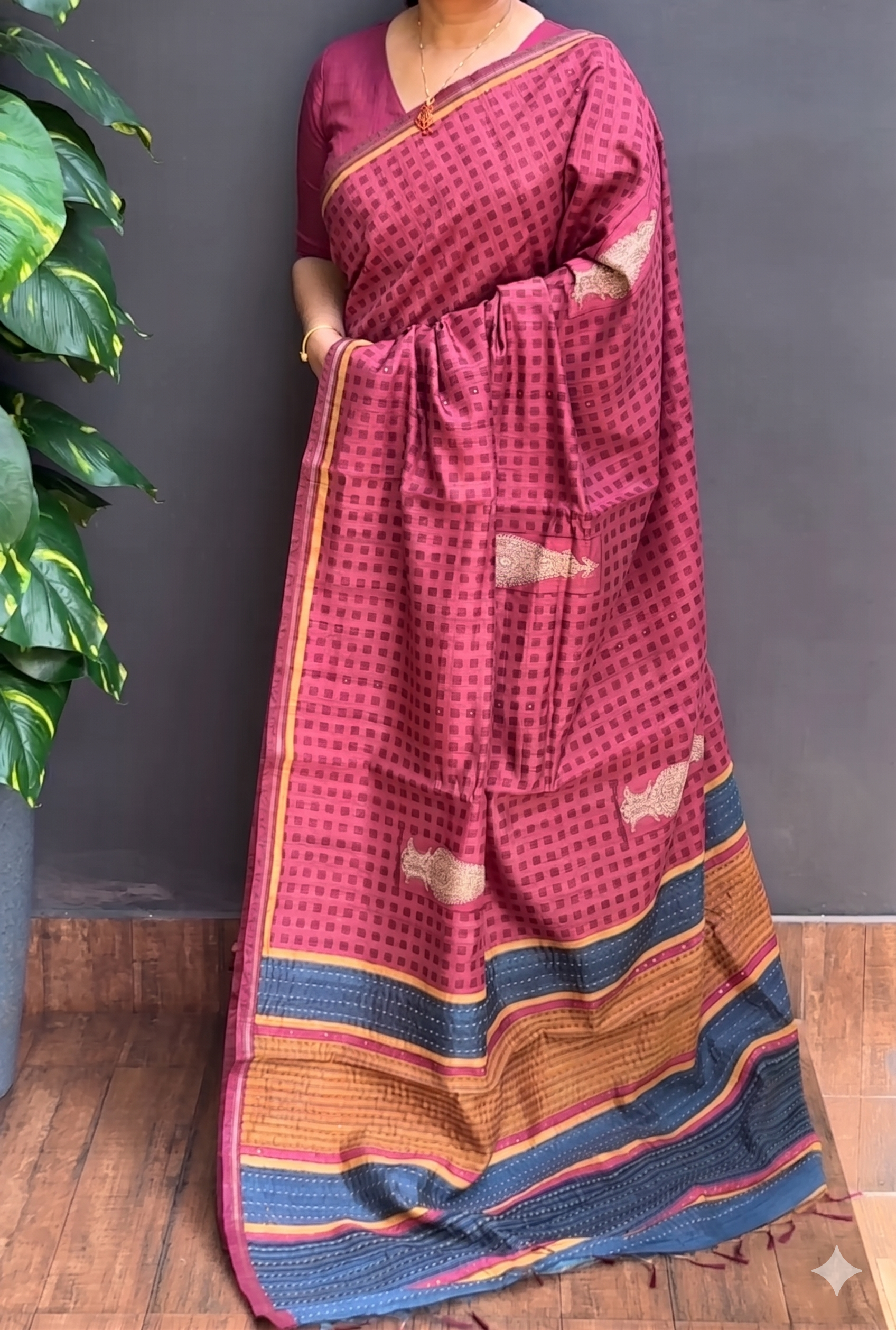 2225SR07 | Mauve Soft Semi Tussar Saree W/ Full Body Geometrical Pattern W/ Border & Kantha Work Pallu
