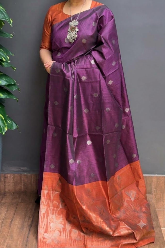 2214SR08 | Jamun Shade Soft Semi Silk Saree W/ Full Body Neem Zari Woven Motifs W/ Contrast Pallu