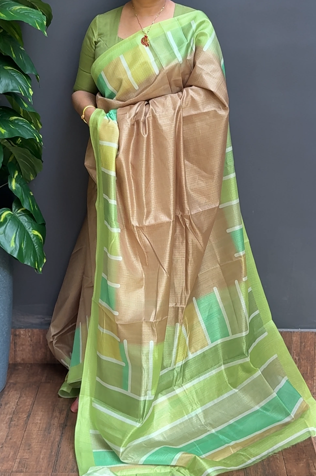 2223SR09 | Brown Synthetic Semi Silk Saree W/ Multicolor Stripe Pattern Border & Pallu